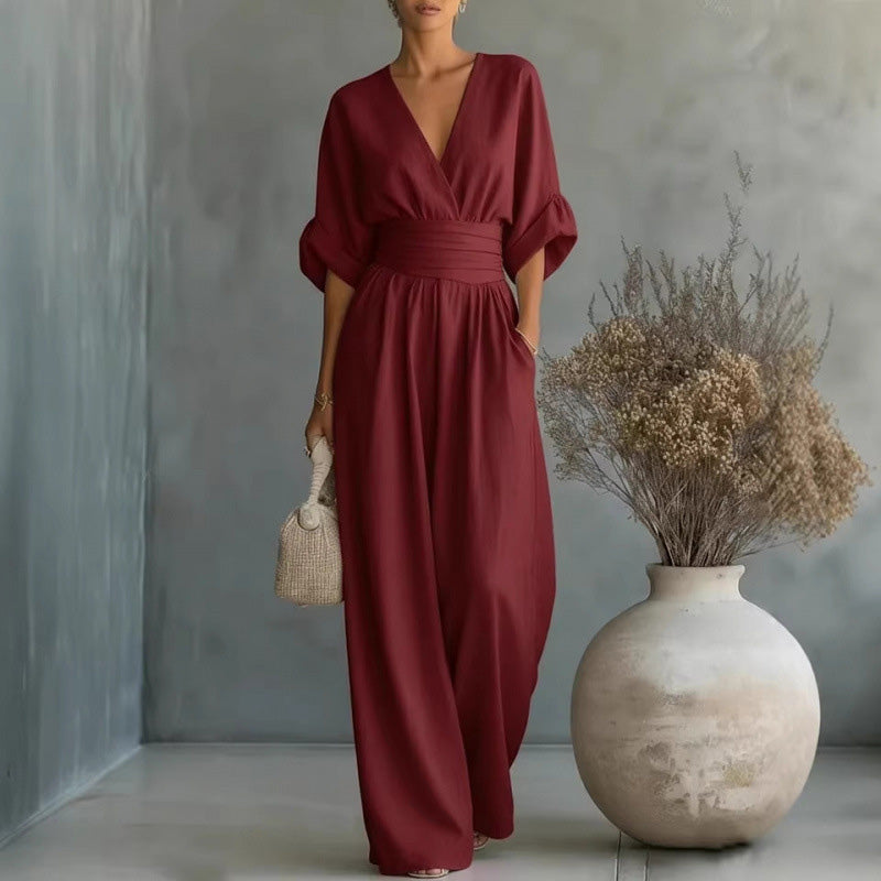 Women's Loose-Fit High-Waisted Jumpsuit with a V-Neck
