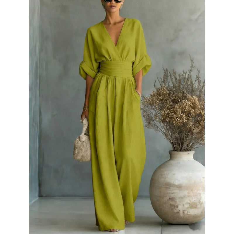 Women's Loose-Fit High-Waisted Jumpsuit with a V-Neck