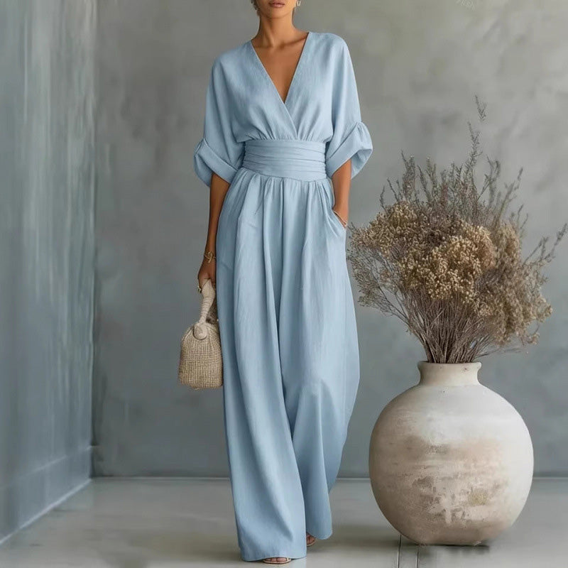 Women's Loose-Fit High-Waisted Jumpsuit with a V-Neck