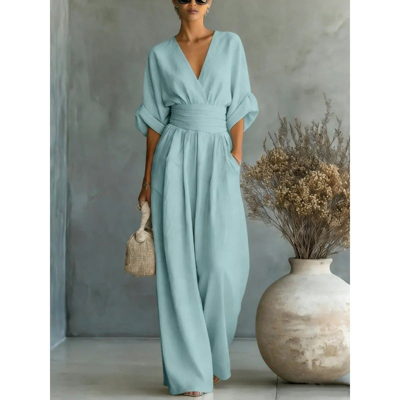 Women's Loose-Fit High-Waisted Jumpsuit with a V-Neck