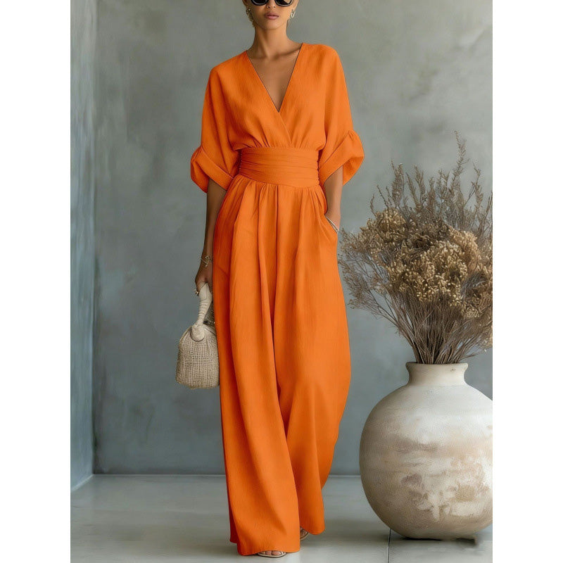 Women's Loose-Fit High-Waisted Jumpsuit with a V-Neck