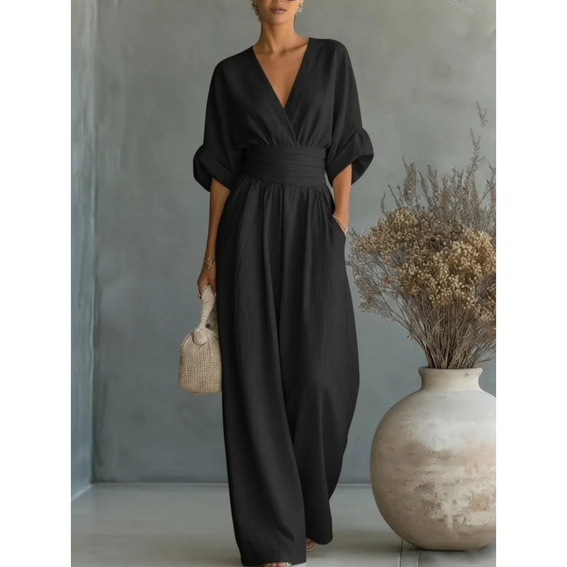 Women's Loose-Fit High-Waisted Jumpsuit with a V-Neck
