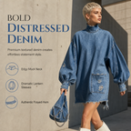 👖 Denim with Drama | Women’s Frayed Mock-Neck Denim Mini Dress with Lantern Sleeves