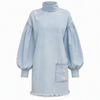 👖 Denim with Drama | Women’s Frayed Mock-Neck Denim Mini Dress with Lantern Sleeves