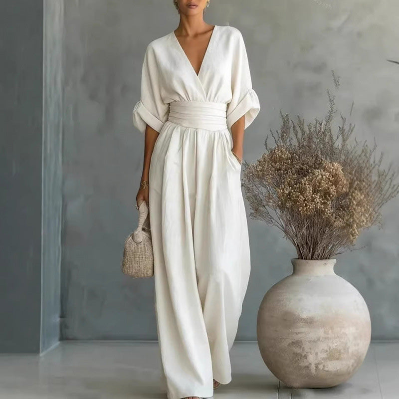 Women's Loose-Fit High-Waisted Jumpsuit with a V-Neck